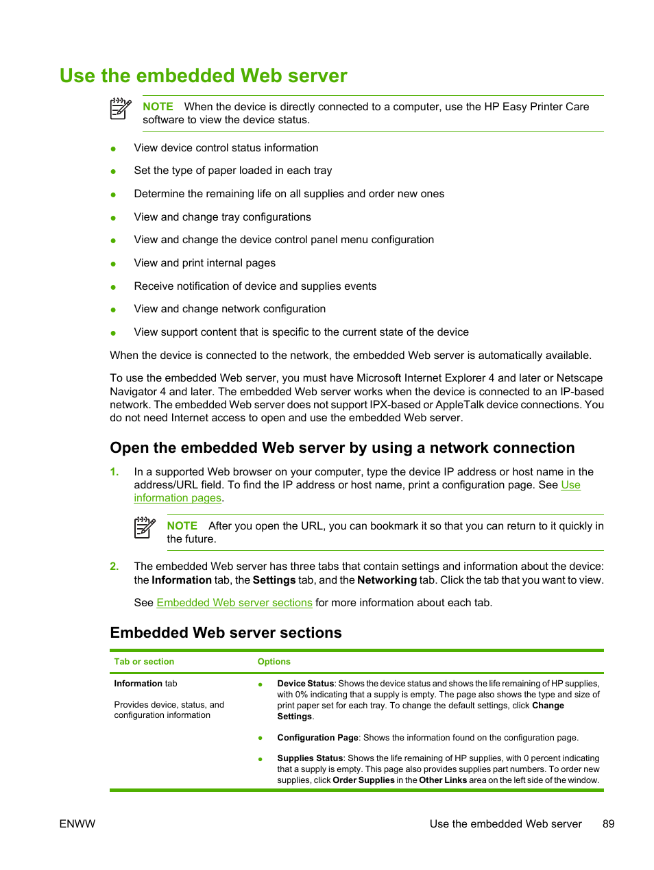 Use the embedded web server, Embedded web server sections, B server, see | Use the, Embedded web server | HP LaserJet P3005 Printer series User Manual | Page 101 / 218