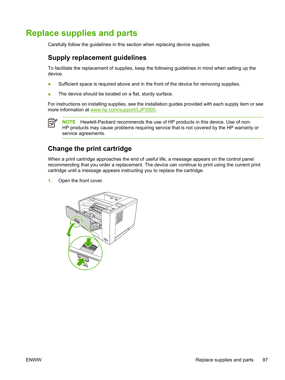 Replace supplies and parts, Supply replacement guidelines, Change the print cartridge | HP LaserJet P3005 Printer series User Manual | Page 109 / 218