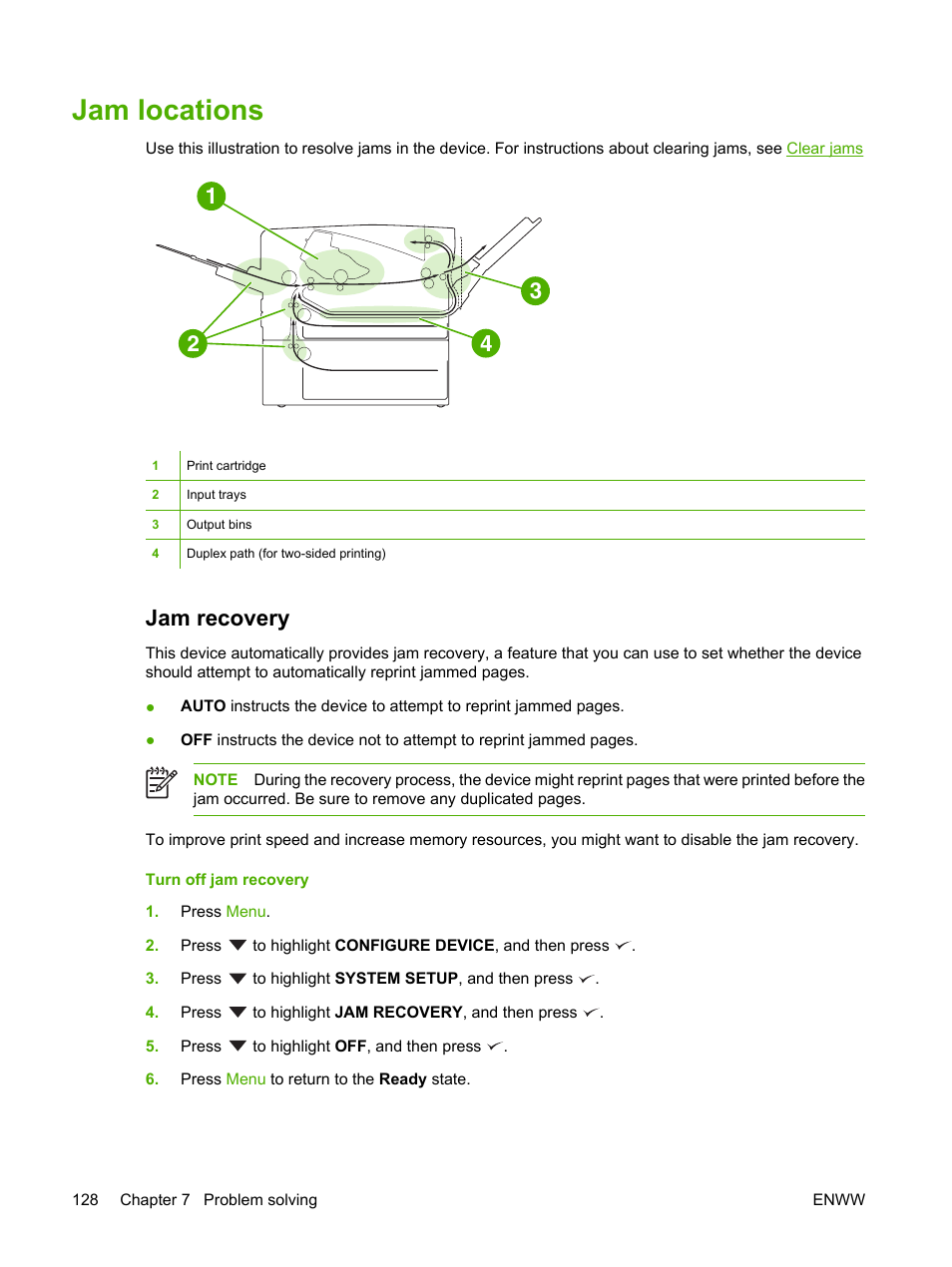 Jam locations, Jam recovery | HP LaserJet P3005 Printer series User Manual | Page 140 / 218