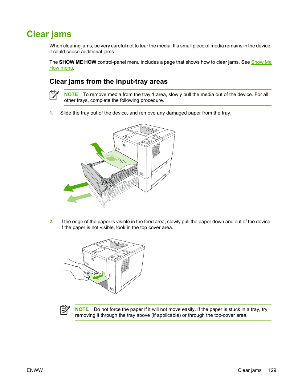 Clear jams, Clear jams from the input-tray areas | HP LaserJet P3005 Printer series User Manual | Page 141 / 218