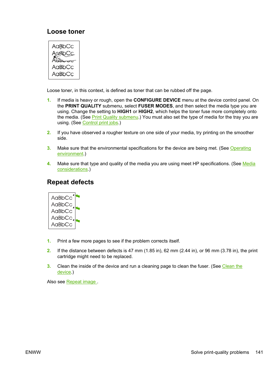 Loose toner, Repeat defects, Loose toner repeat defects | HP LaserJet P3005 Printer series User Manual | Page 153 / 218