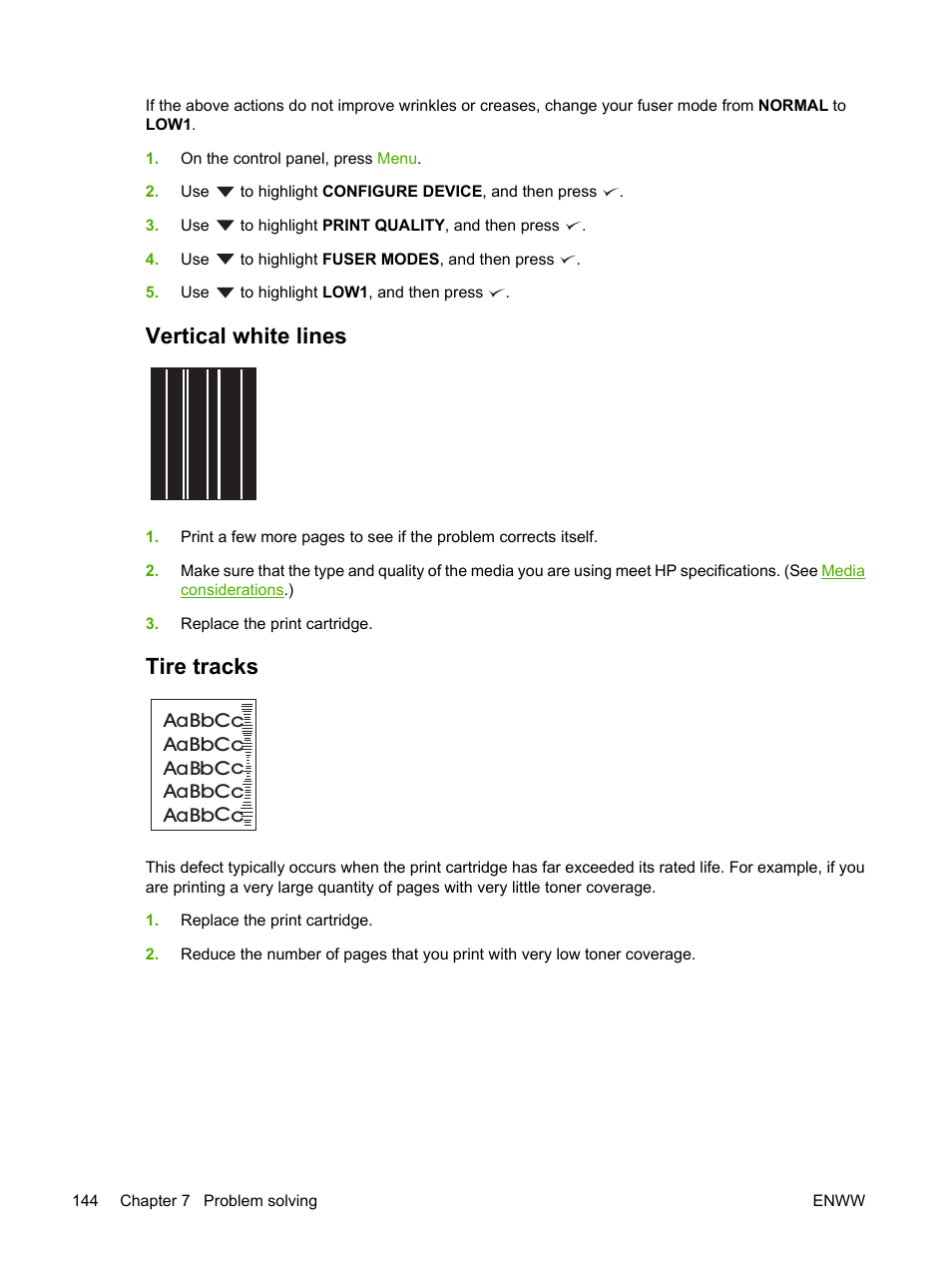 Vertical white lines, Tire tracks, Vertical white lines tire tracks | HP LaserJet P3005 Printer series User Manual | Page 156 / 218