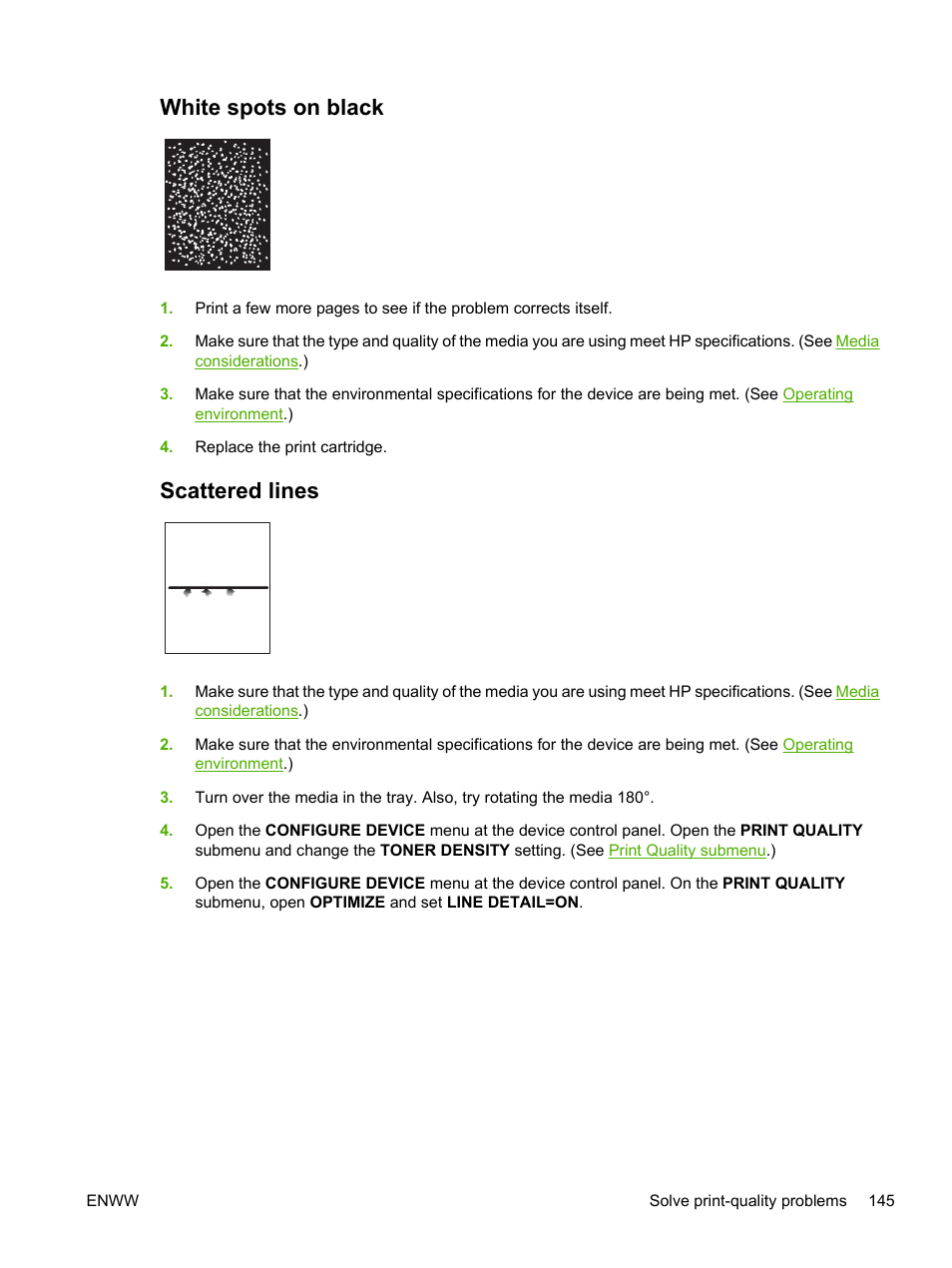 White spots on black, Scattered lines, White spots on black scattered lines | White spots on, Black | HP LaserJet P3005 Printer series User Manual | Page 157 / 218