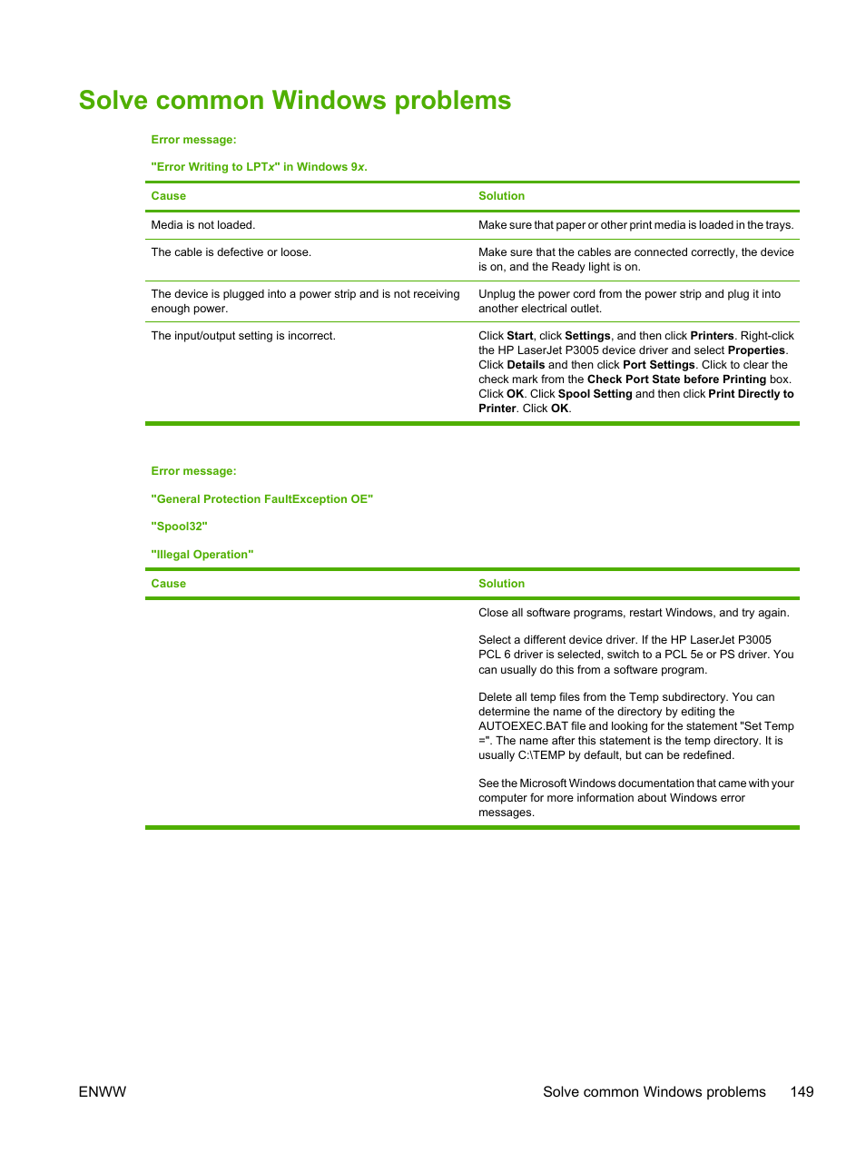 Solve common windows problems | HP LaserJet P3005 Printer series User Manual | Page 161 / 218