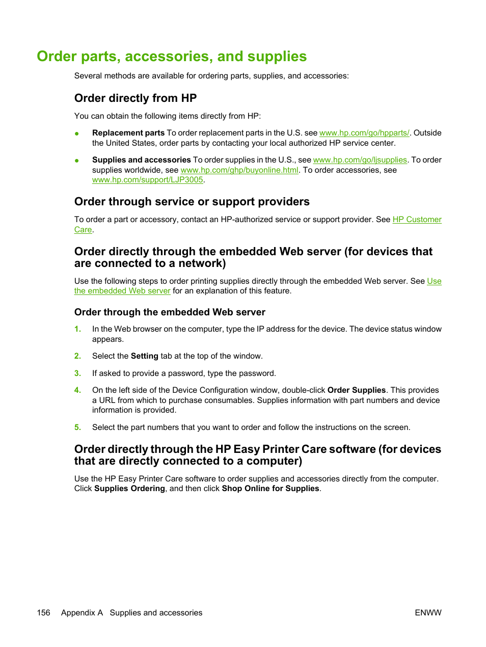 Order parts, accessories, and supplies, Order directly from hp, Order through service or support providers | Order through the embedded web server | HP LaserJet P3005 Printer series User Manual | Page 168 / 218