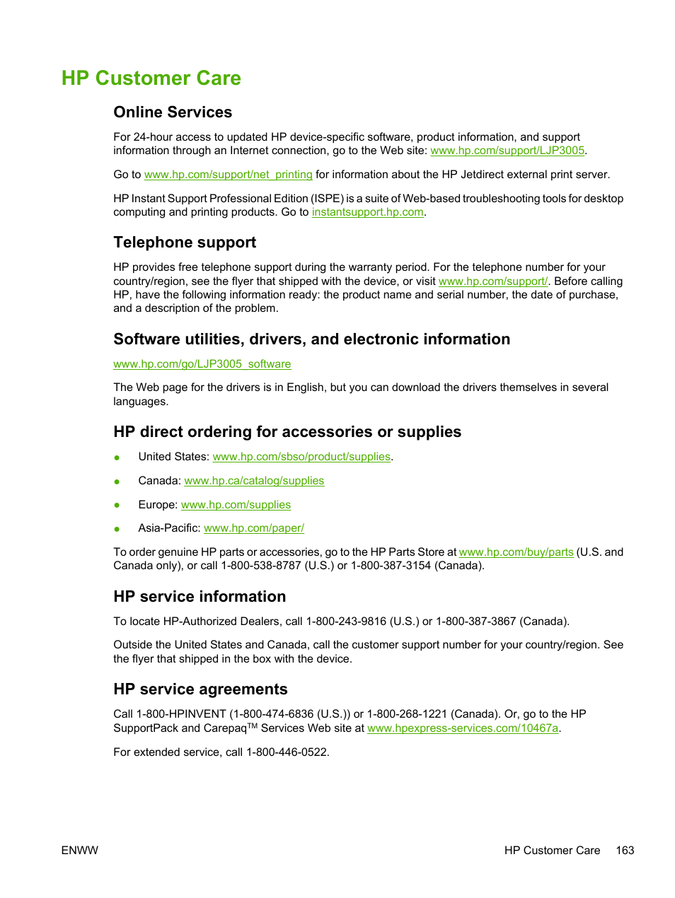 Hp customer care, Online services, Telephone support | Hp direct ordering for accessories or supplies, Hp service information, Hp service agreements, Hp customer, Care | HP LaserJet P3005 Printer series User Manual | Page 175 / 218