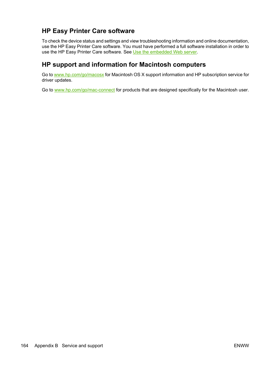 Hp easy printer care software, Hp support and information for macintosh computers | HP LaserJet P3005 Printer series User Manual | Page 176 / 218