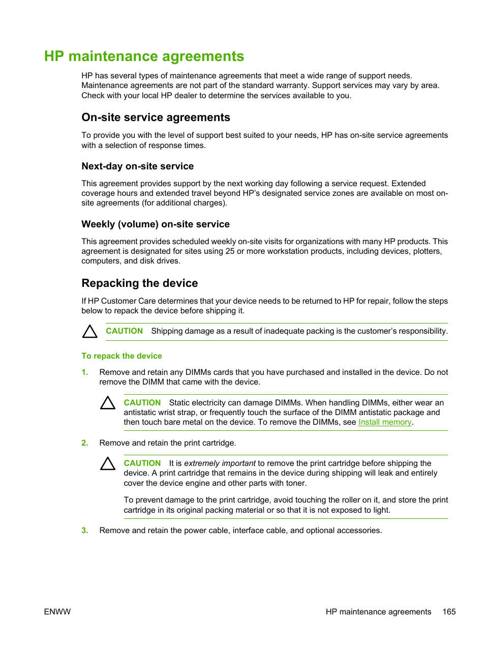 Hp maintenance agreements, On-site service agreements, Next-day on-site service | Weekly (volume) on-site service, Repacking the device | HP LaserJet P3005 Printer series User Manual | Page 177 / 218