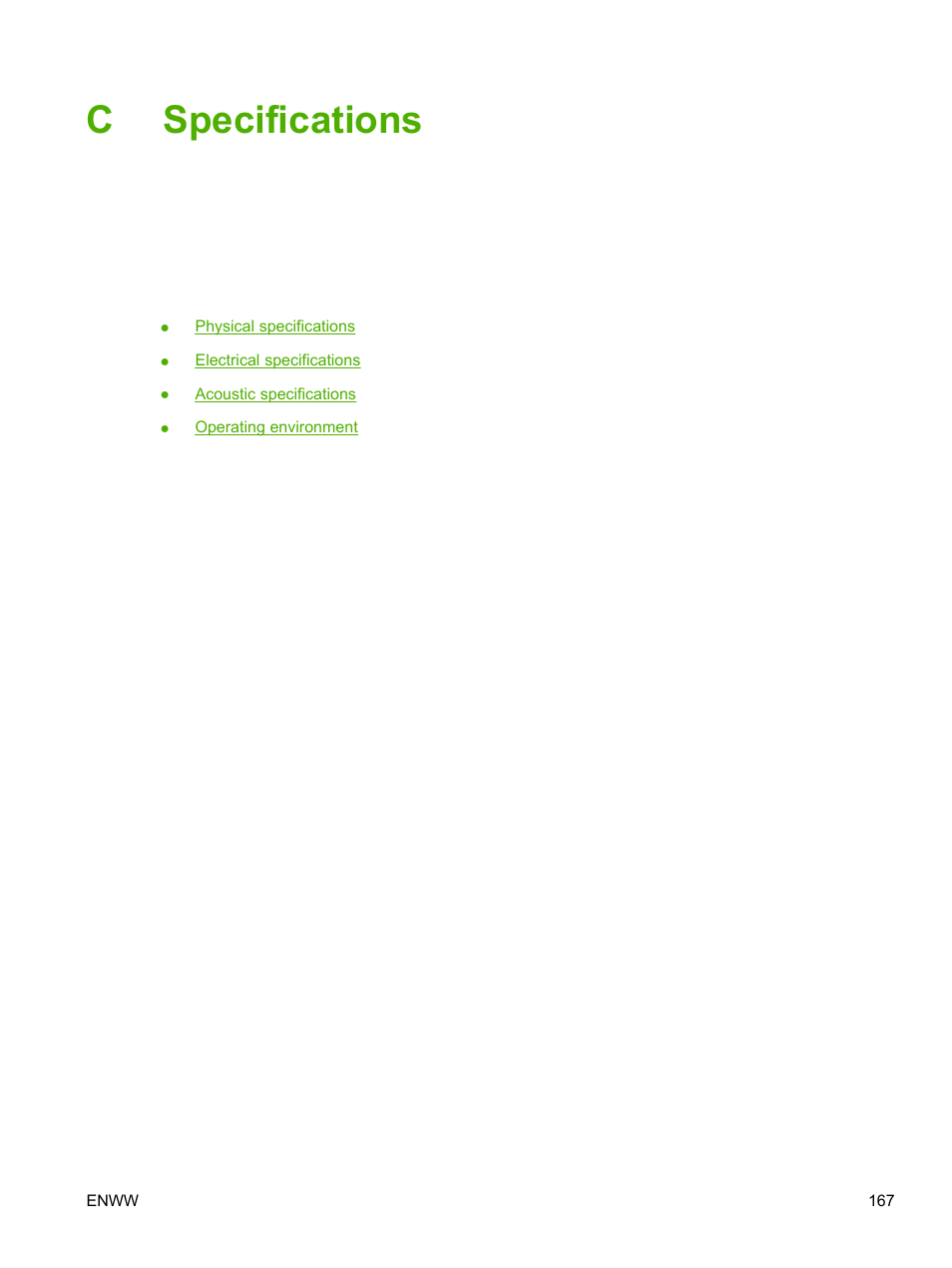 Specifications, Appendix c specifications, Cspecifications | HP LaserJet P3005 Printer series User Manual | Page 179 / 218