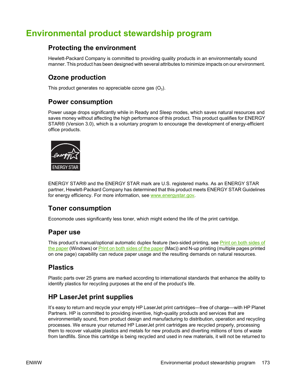 Environmental product stewardship program, Protecting the environment, Ozone production | Power consumption, Toner consumption, Paper use, Plastics, Hp laserjet print supplies | HP LaserJet P3005 Printer series User Manual | Page 185 / 218