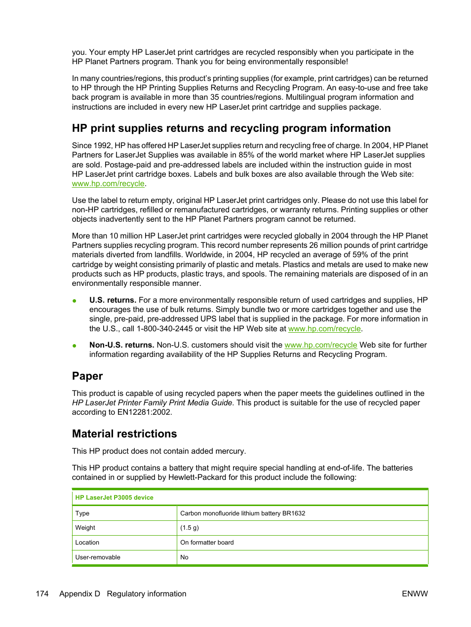 Paper, Material restrictions | HP LaserJet P3005 Printer series User Manual | Page 186 / 218