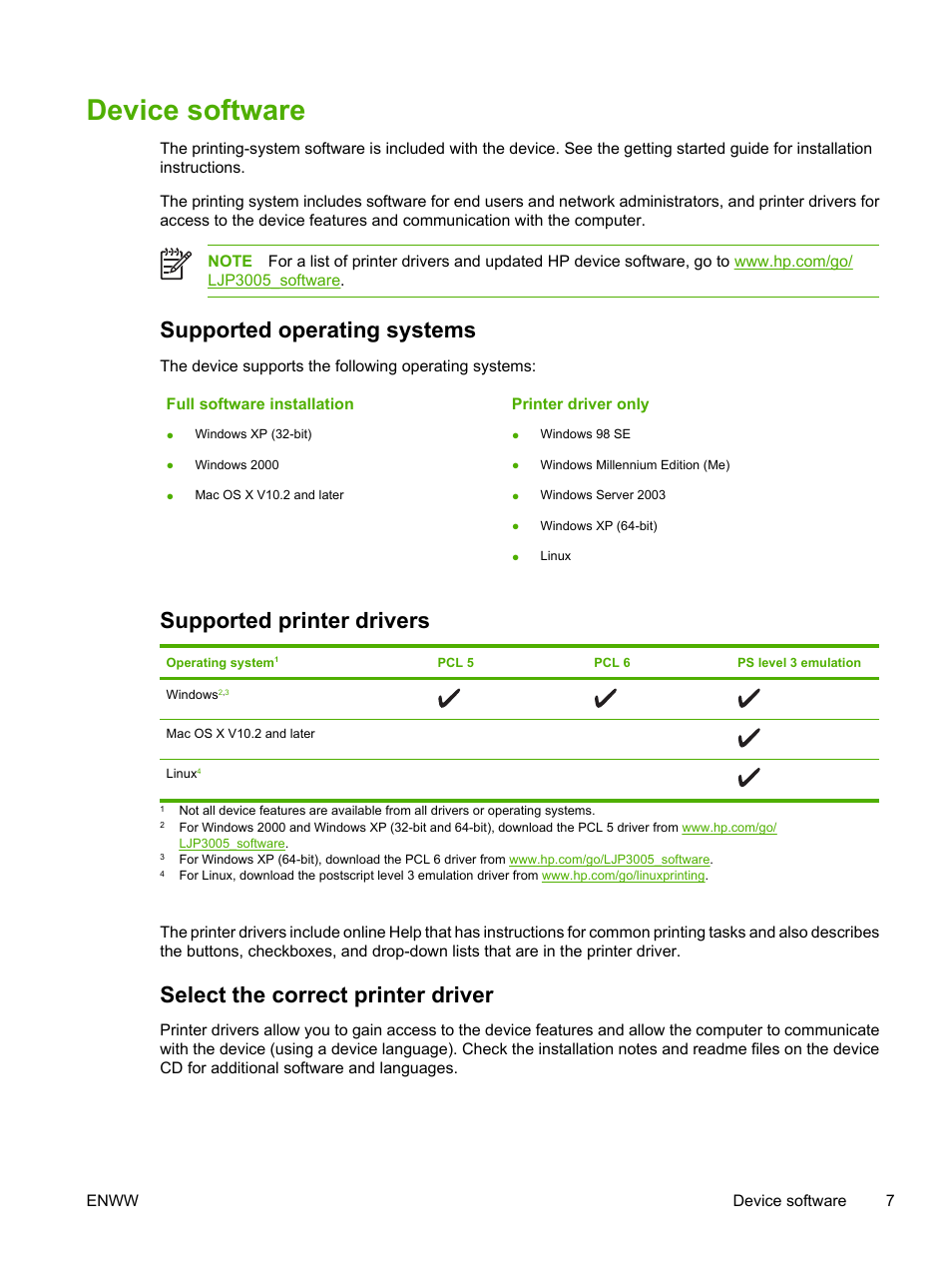 Device software, Supported operating systems, Supported printer drivers | Select the correct printer driver | HP LaserJet P3005 Printer series User Manual | Page 19 / 218
