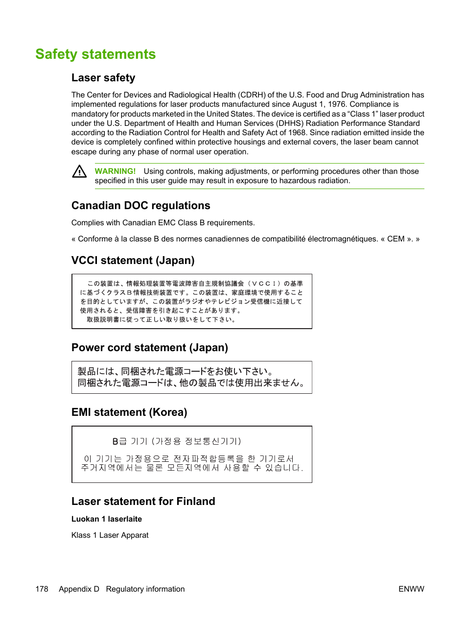 Safety statements, Laser safety, Canadian doc regulations | Vcci statement (japan), Power cord statement (japan), Emi statement (korea), Laser statement for finland | HP LaserJet P3005 Printer series User Manual | Page 190 / 218