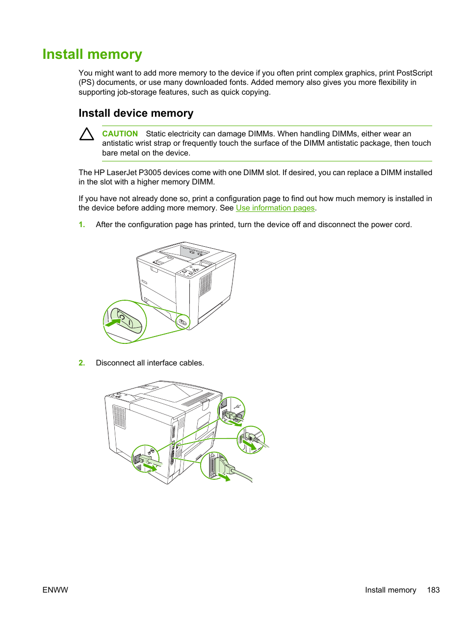 Install memory, Install device memory, Install | Memory, Dimm. see | HP LaserJet P3005 Printer series User Manual | Page 195 / 218