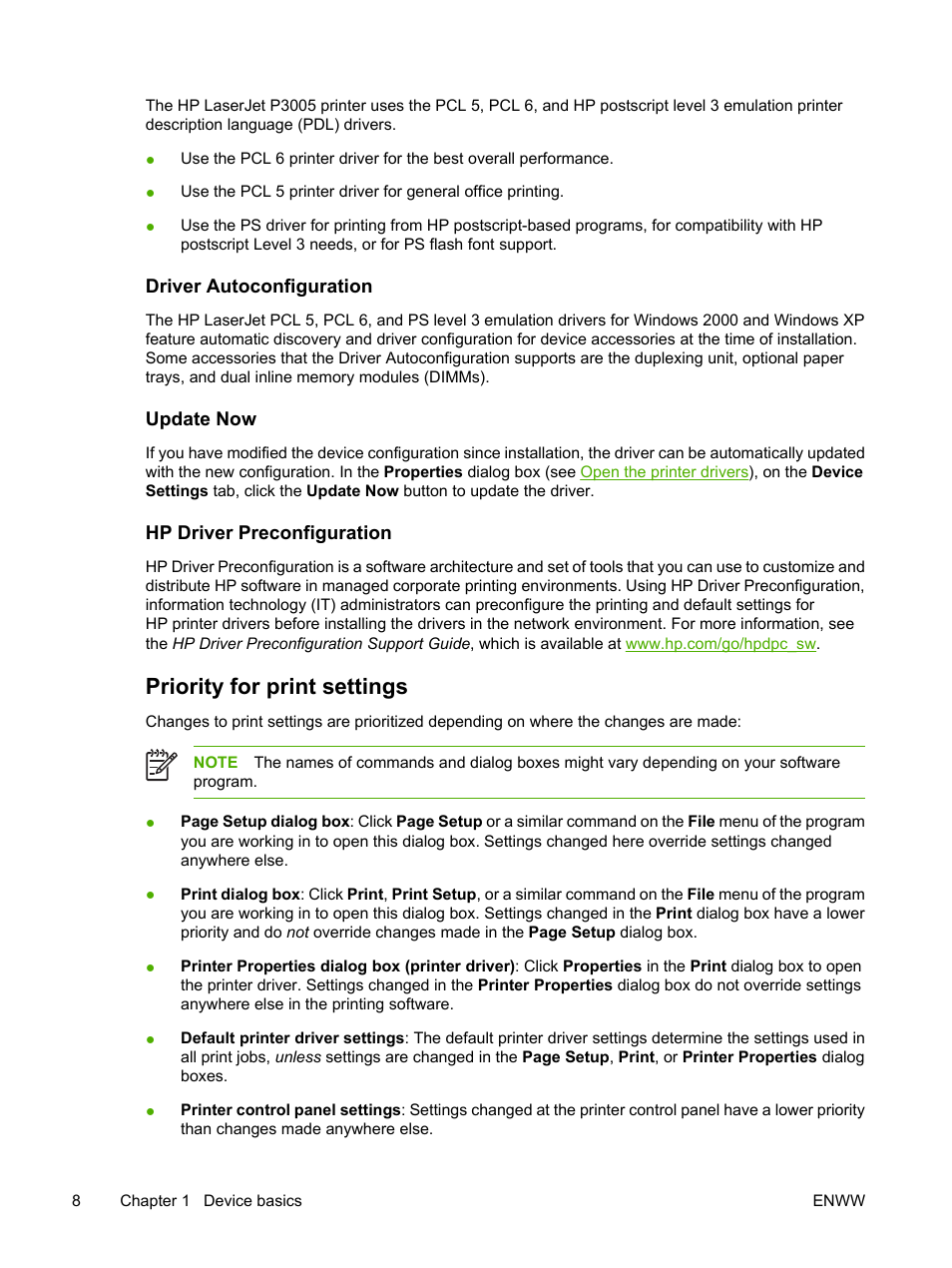 Driver autoconfiguration, Update now, Hp driver preconfiguration | Priority for print settings | HP LaserJet P3005 Printer series User Manual | Page 20 / 218