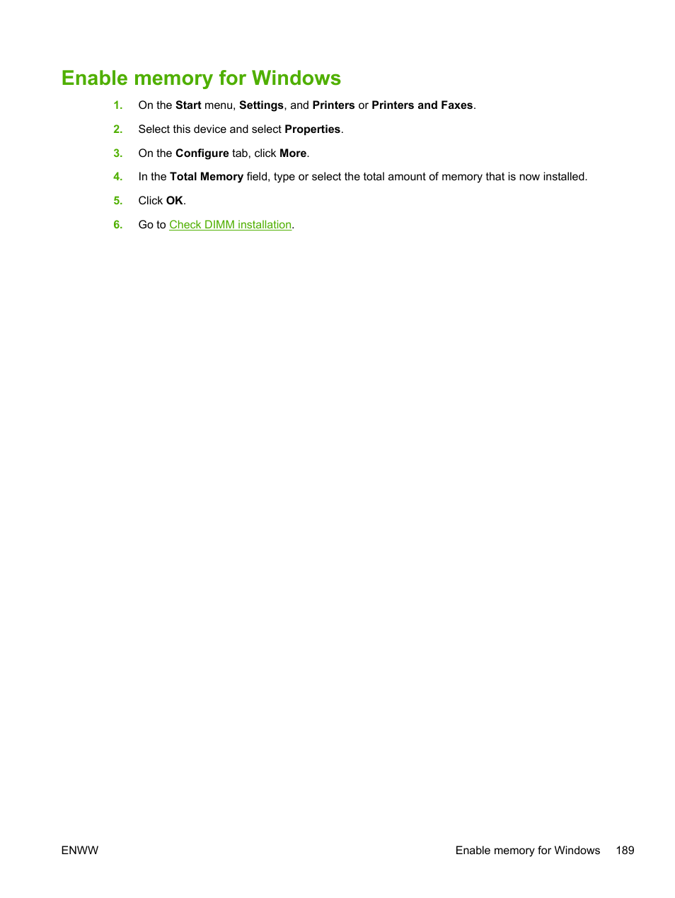 Enable memory for windows | HP LaserJet P3005 Printer series User Manual | Page 201 / 218