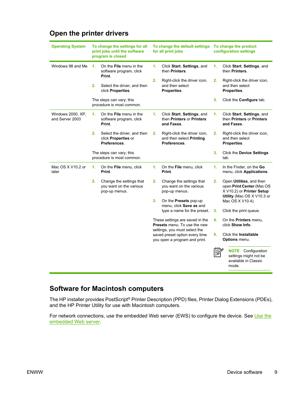 Open the printer drivers, Software for macintosh computers | HP LaserJet P3005 Printer series User Manual | Page 21 / 218