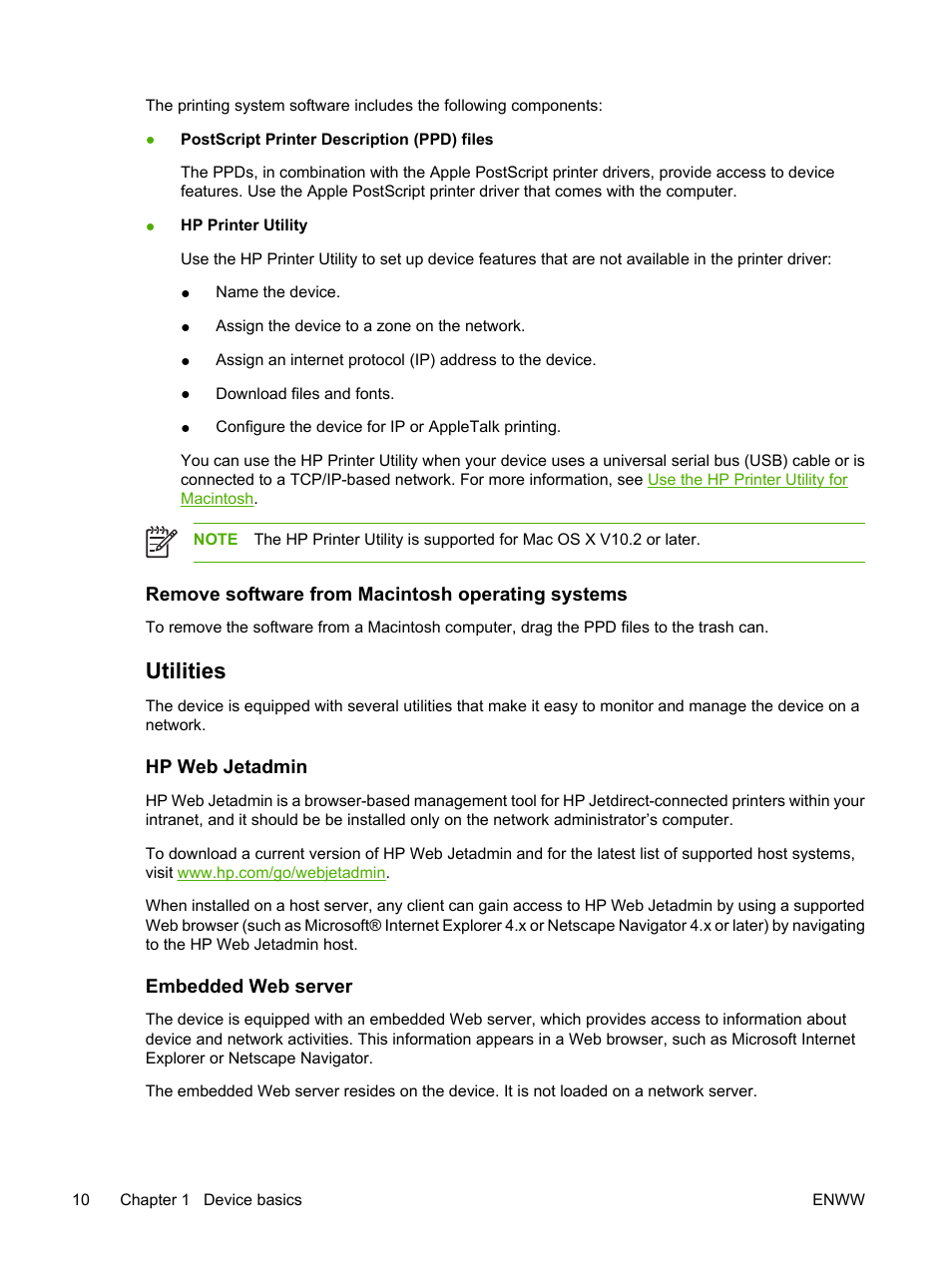Remove software from macintosh operating systems, Utilities, Hp web jetadmin | Embedded web server, Hp web jetadmin embedded web server | HP LaserJet P3005 Printer series User Manual | Page 22 / 218