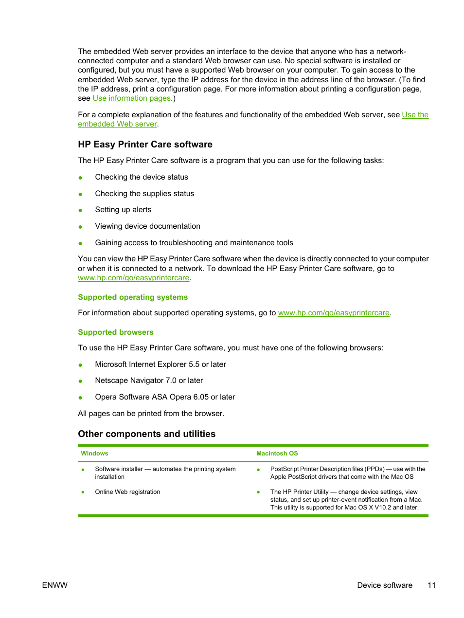 Hp easy printer care software, Supported operating systems, Supported browsers | Other components and utilities, Supported operating systems supported browsers | HP LaserJet P3005 Printer series User Manual | Page 23 / 218