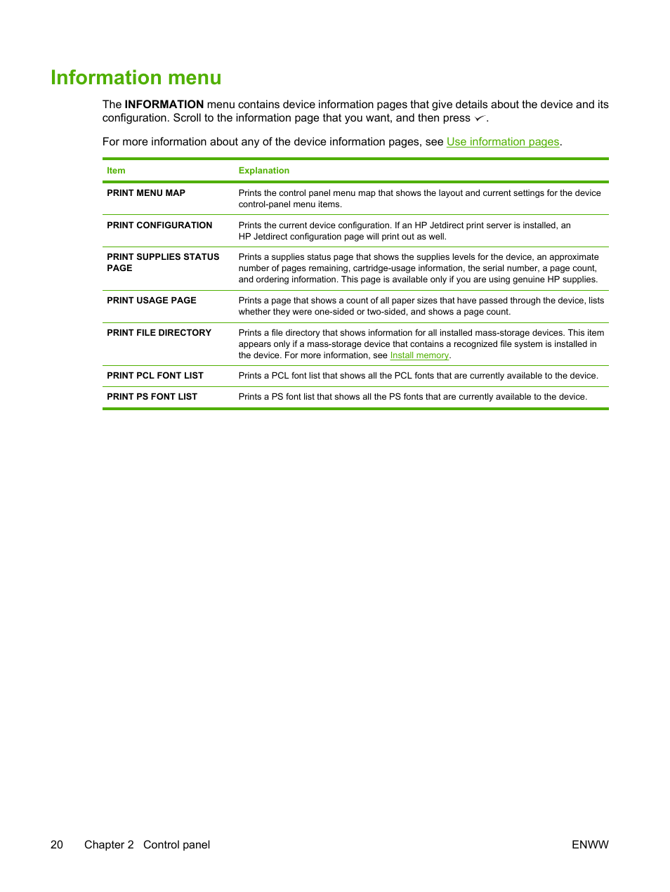 Information menu | HP LaserJet P3005 Printer series User Manual | Page 32 / 218