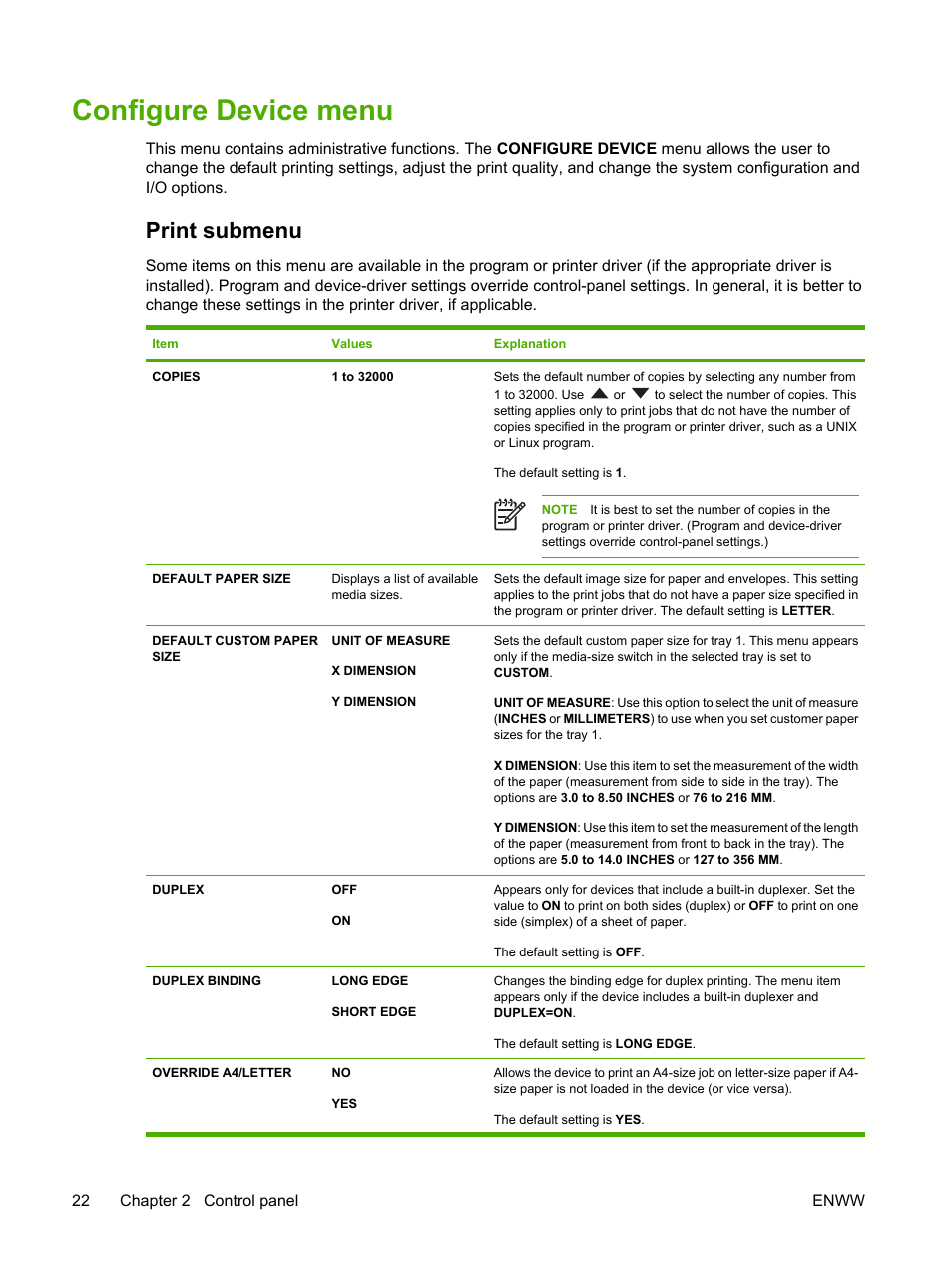 Configure device menu, Print submenu | HP LaserJet P3005 Printer series User Manual | Page 34 / 218