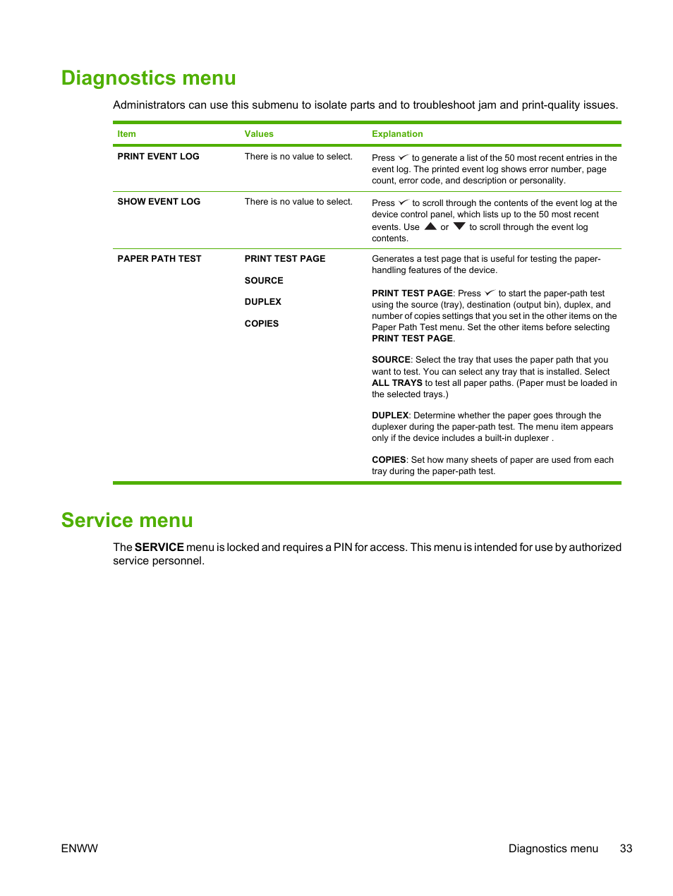 Diagnostics menu, Service menu, Diagnostics menu service menu | HP LaserJet P3005 Printer series User Manual | Page 45 / 218