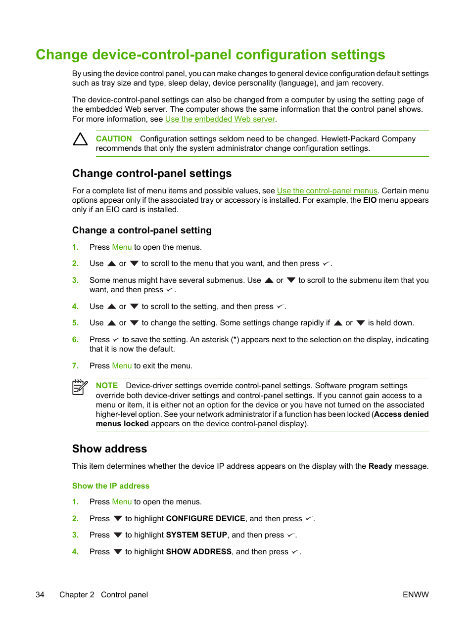 Change device-control-panel configuration settings, Change control-panel settings, Change a control-panel setting | Show address | HP LaserJet P3005 Printer series User Manual | Page 46 / 218