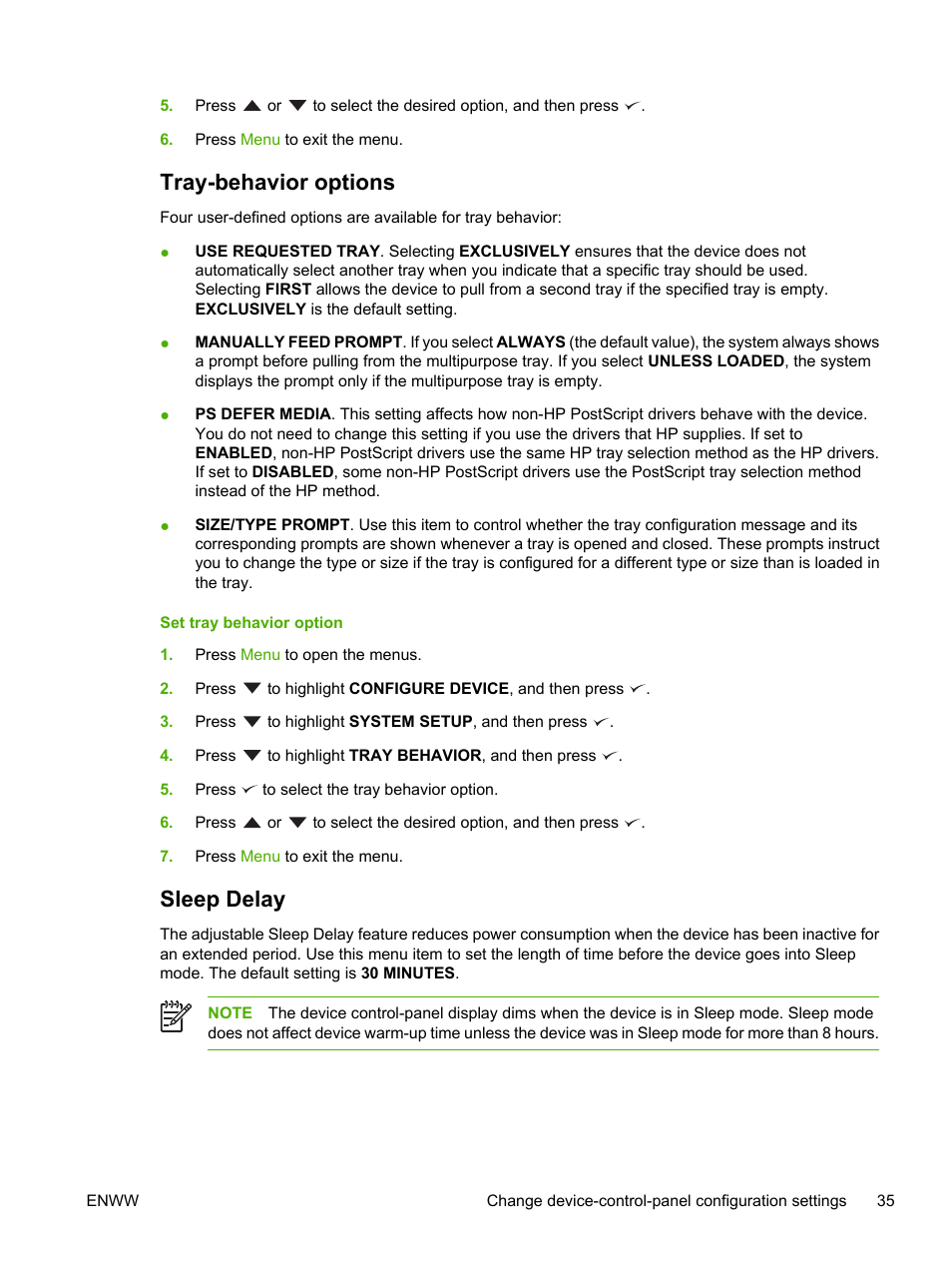 Tray-behavior options, Sleep delay, Tray-behavior options sleep delay | HP LaserJet P3005 Printer series User Manual | Page 47 / 218