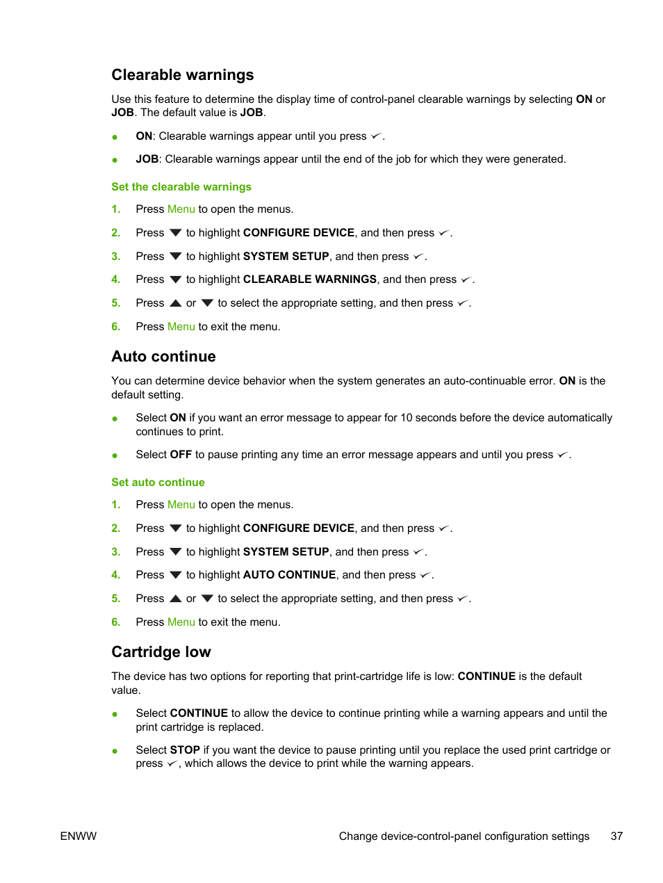 Clearable warnings, Auto continue, Cartridge low | Clearable warnings auto continue cartridge low | HP LaserJet P3005 Printer series User Manual | Page 49 / 218