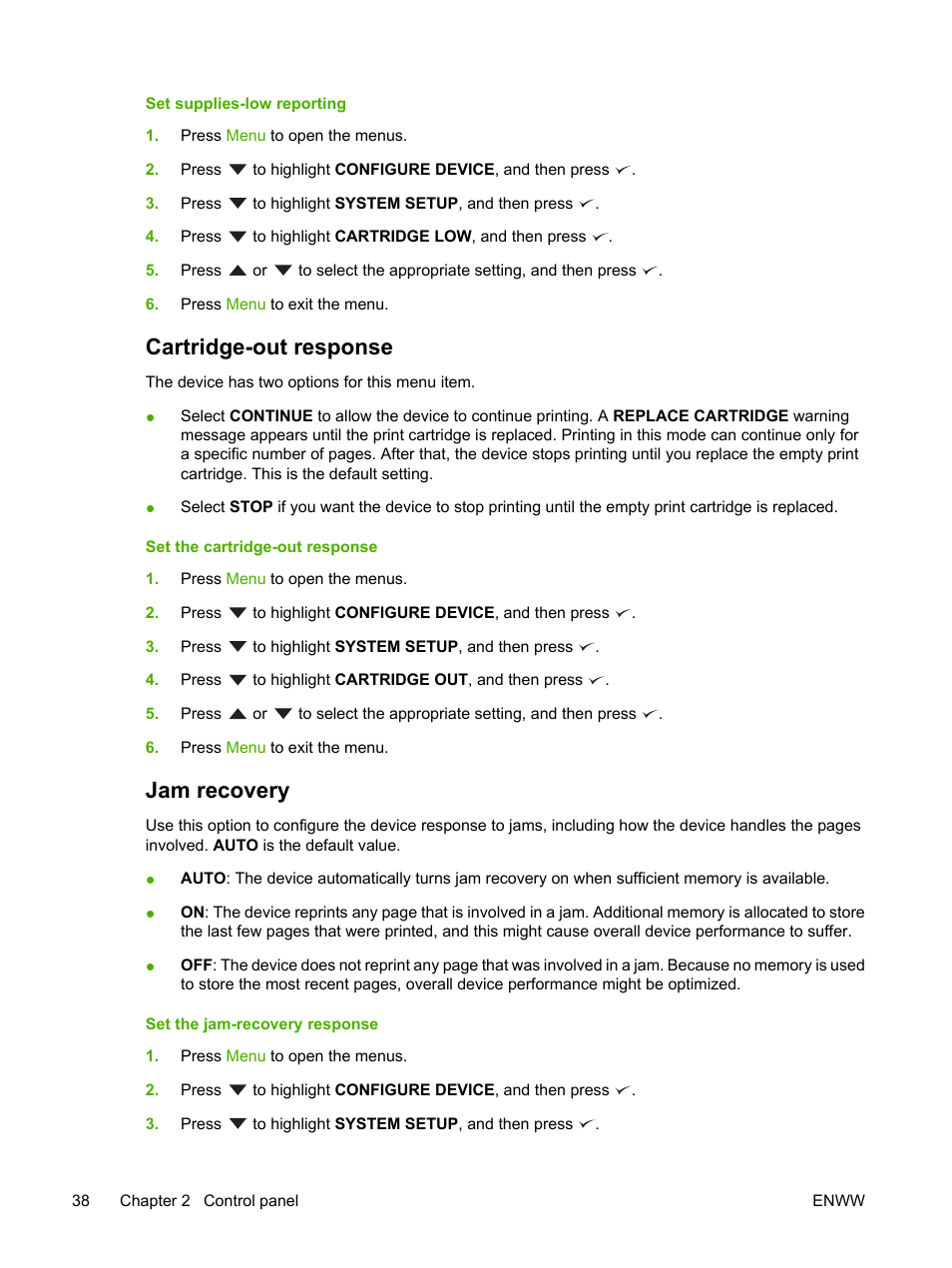 Cartridge-out response, Jam recovery, Cartridge-out response jam recovery | HP LaserJet P3005 Printer series User Manual | Page 50 / 218