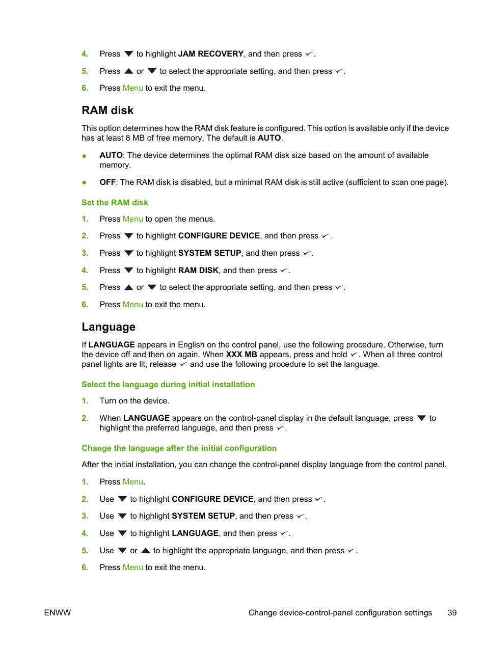 Ram disk, Language, Ram disk language | HP LaserJet P3005 Printer series User Manual | Page 51 / 218