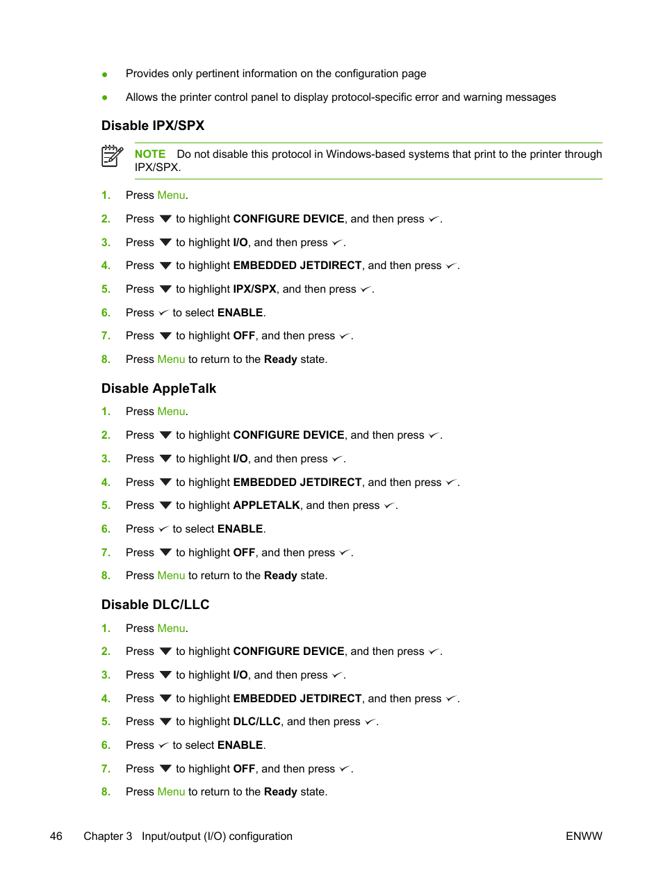 Disable ipx/spx, Disable appletalk, Disable dlc/llc | Disable ipx/spx disable appletalk disable dlc/llc | HP LaserJet P3005 Printer series User Manual | Page 58 / 218