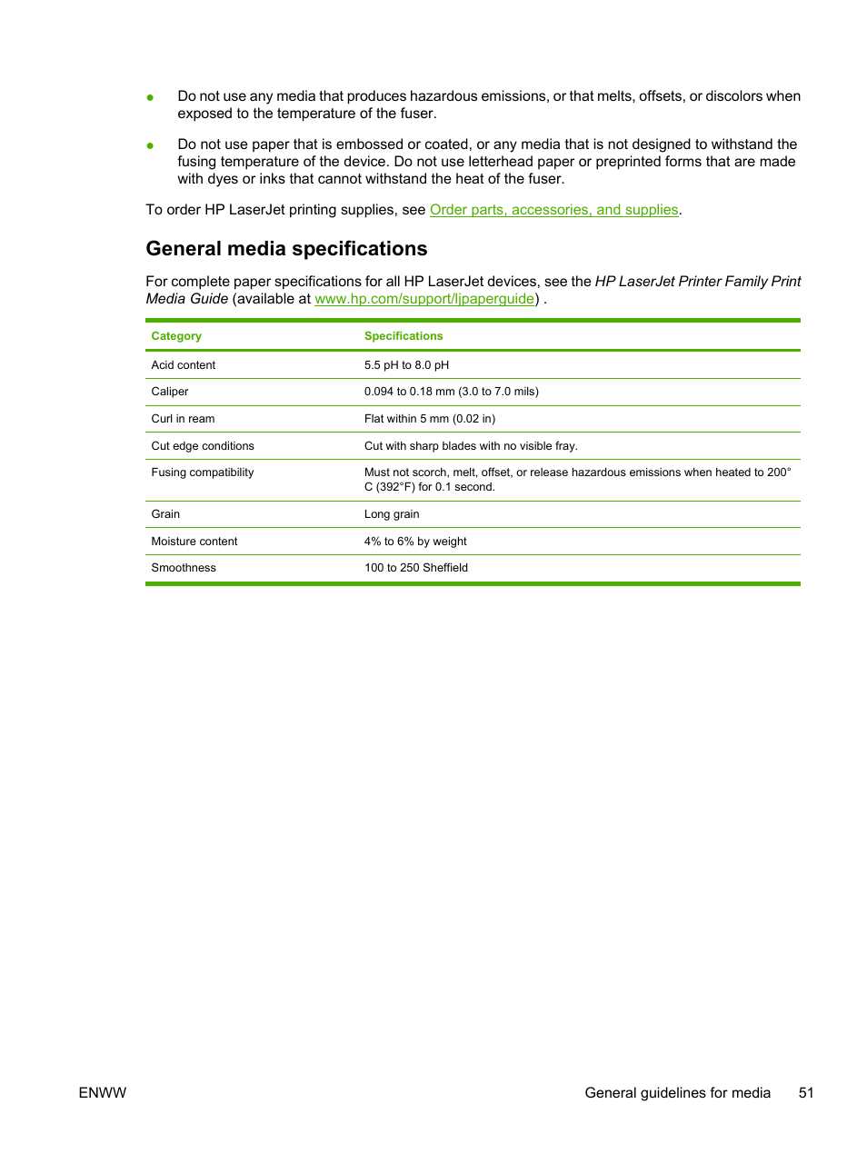 General media specifications | HP LaserJet P3005 Printer series User Manual | Page 63 / 218