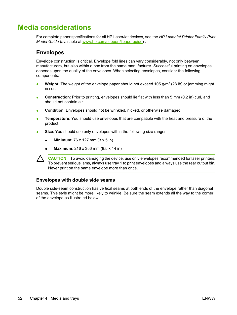 Media considerations, Envelopes, Envelopes with double side seams | HP LaserJet P3005 Printer series User Manual | Page 64 / 218