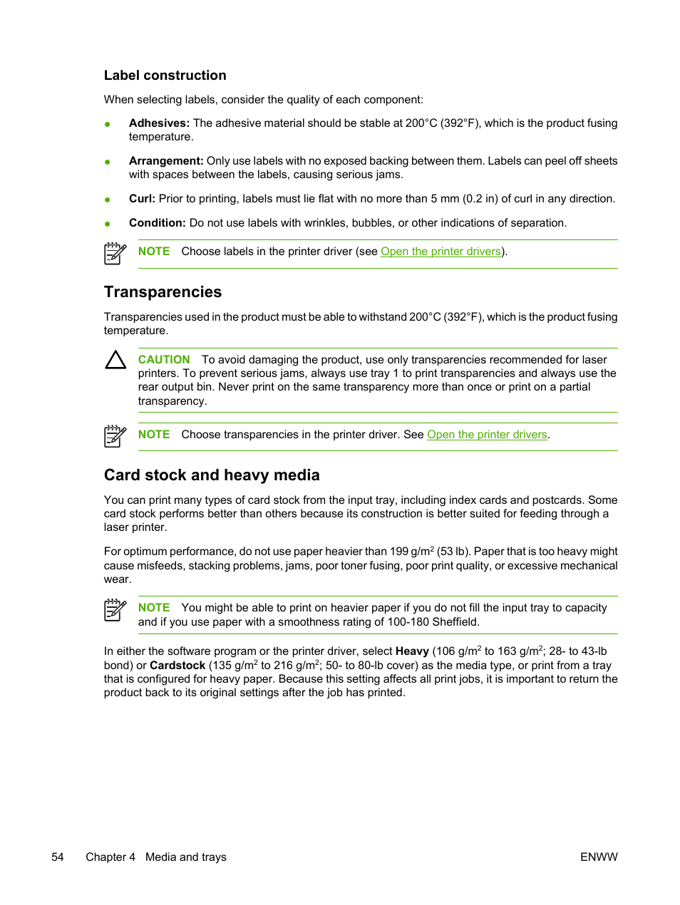 Label construction, Transparencies, Card stock and heavy media | Transparencies card stock and heavy media | HP LaserJet P3005 Printer series User Manual | Page 66 / 218