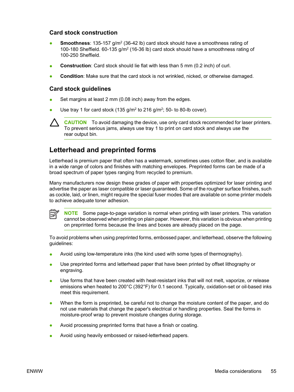 Card stock construction, Card stock guidelines, Letterhead and preprinted forms | HP LaserJet P3005 Printer series User Manual | Page 67 / 218