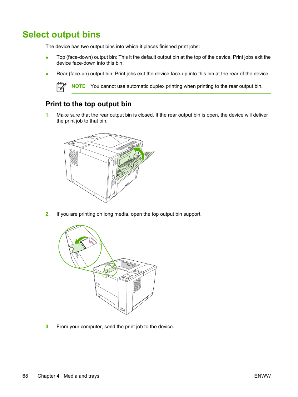 Select output bins, Print to the top output bin | HP LaserJet P3005 Printer series User Manual | Page 80 / 218