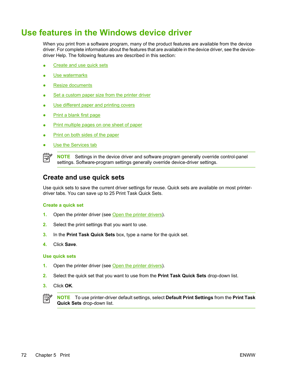 Use features in the windows device driver, Create and use quick sets | HP LaserJet P3005 Printer series User Manual | Page 84 / 218