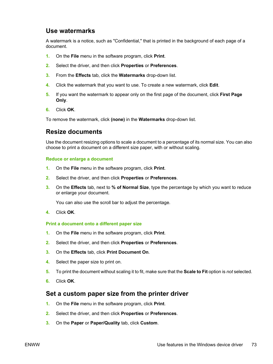 Use watermarks, Resize documents, Set a custom paper size from the printer driver | HP LaserJet P3005 Printer series User Manual | Page 85 / 218