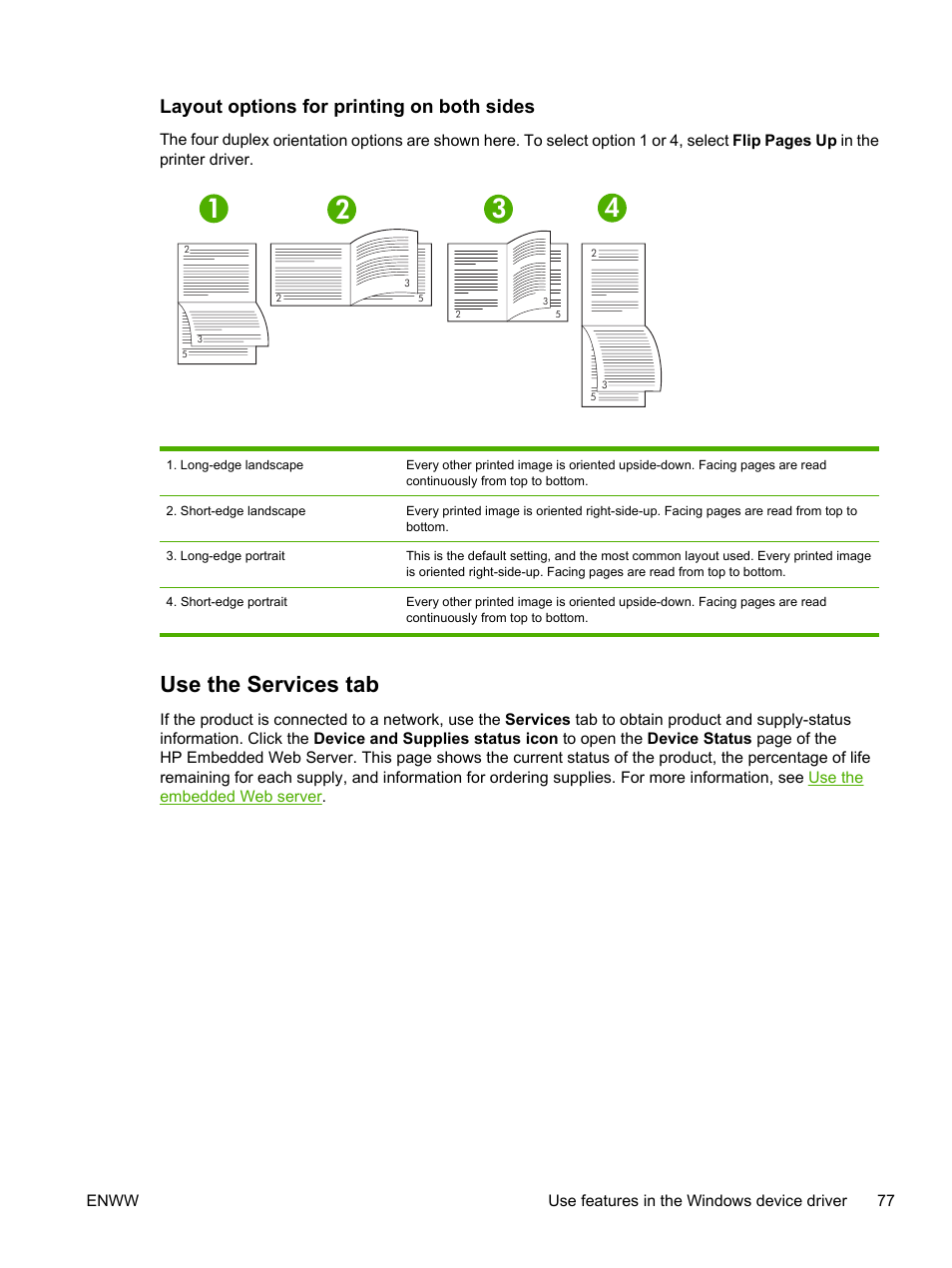 Layout options for printing on both sides, Use the services tab | HP LaserJet P3005 Printer series User Manual | Page 89 / 218