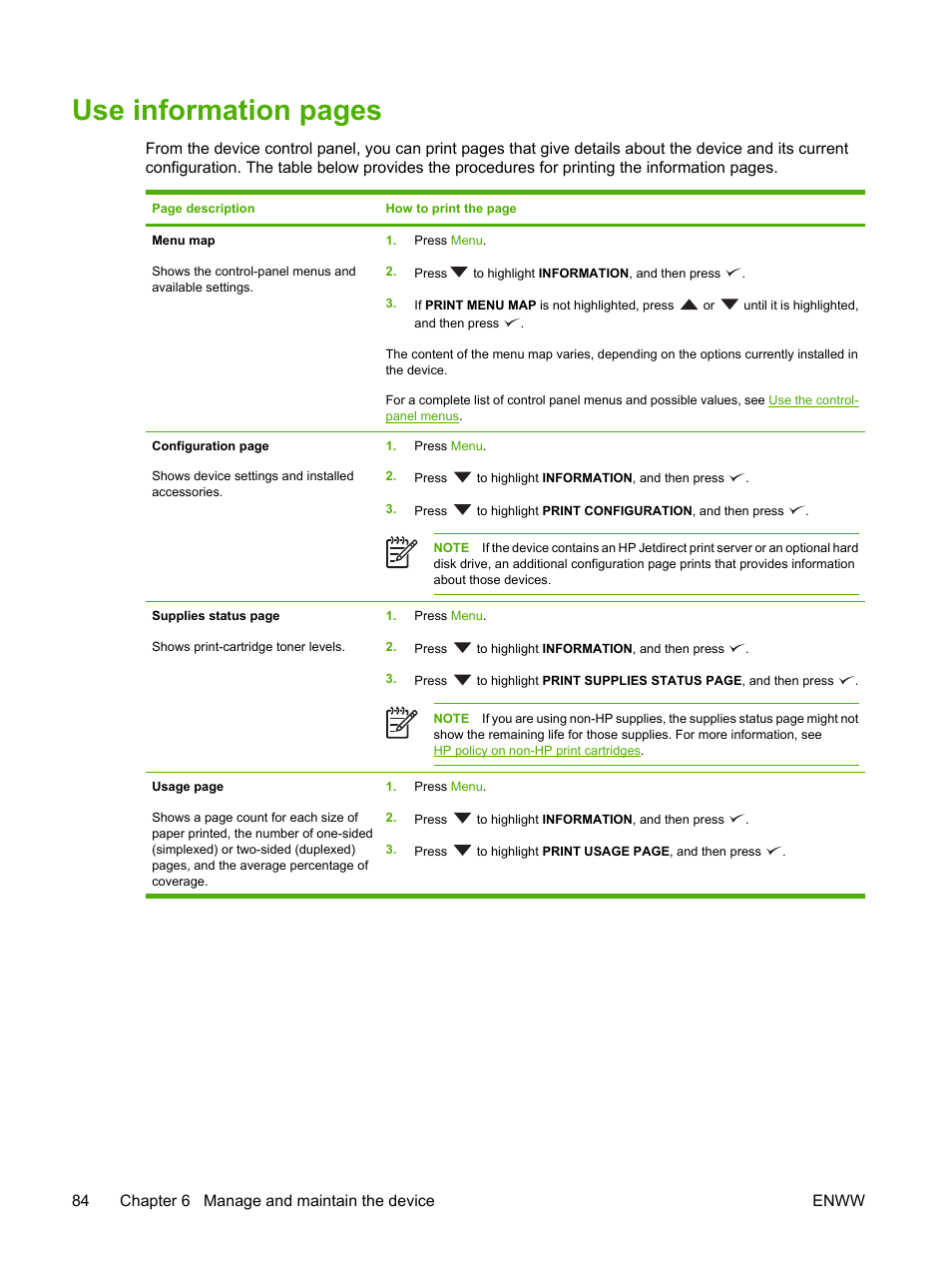 Use information pages, 84 chapter 6 manage and maintain the device enww | HP LaserJet P3005 Printer series User Manual | Page 96 / 218