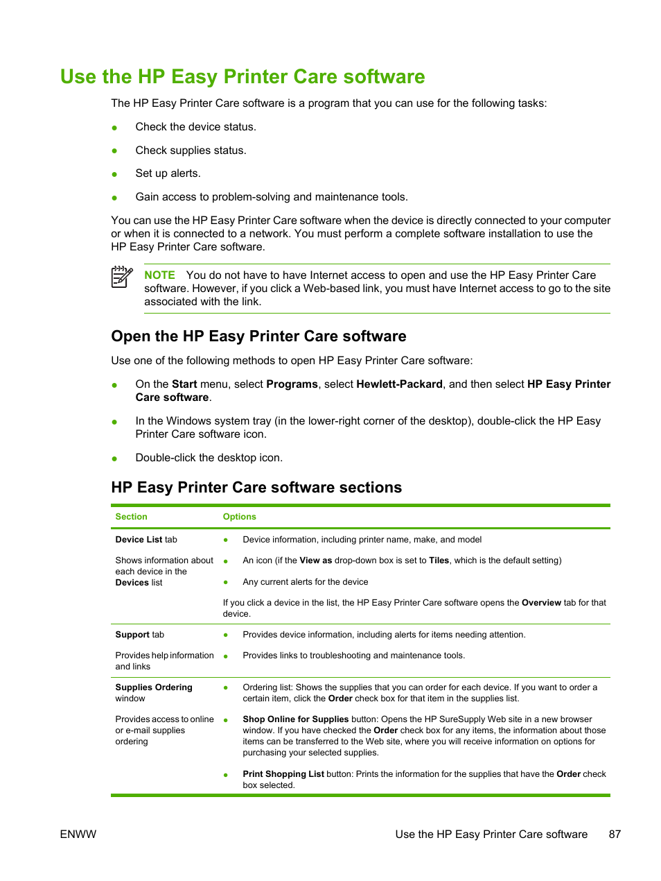 Use the hp easy printer care software, Open the hp easy printer care software, Hp easy printer care software sections | HP LaserJet P3005 Printer series User Manual | Page 99 / 218