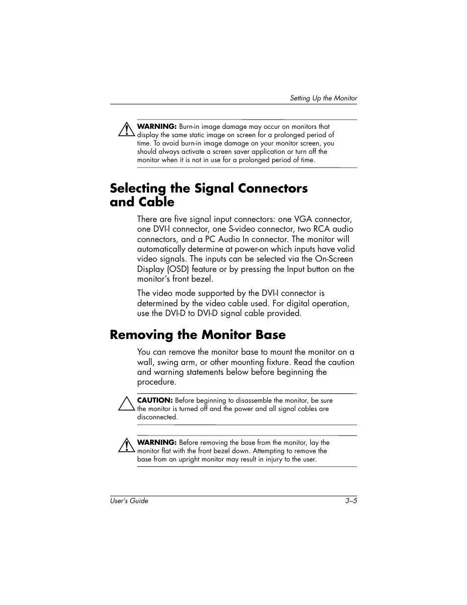 Selecting the signal connectors and cable, Removing the monitor base | HP f2304 23-inch High Def LCD Monitor User Manual | Page 15 / 56