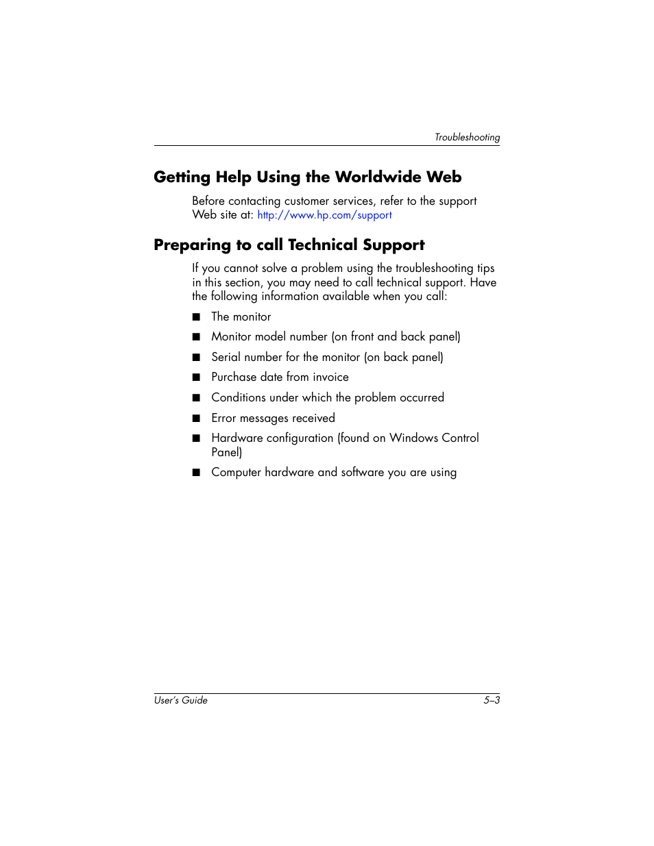 Getting help using the worldwide web, Preparing to call technical support | HP f2304 23-inch High Def LCD Monitor User Manual | Page 37 / 56