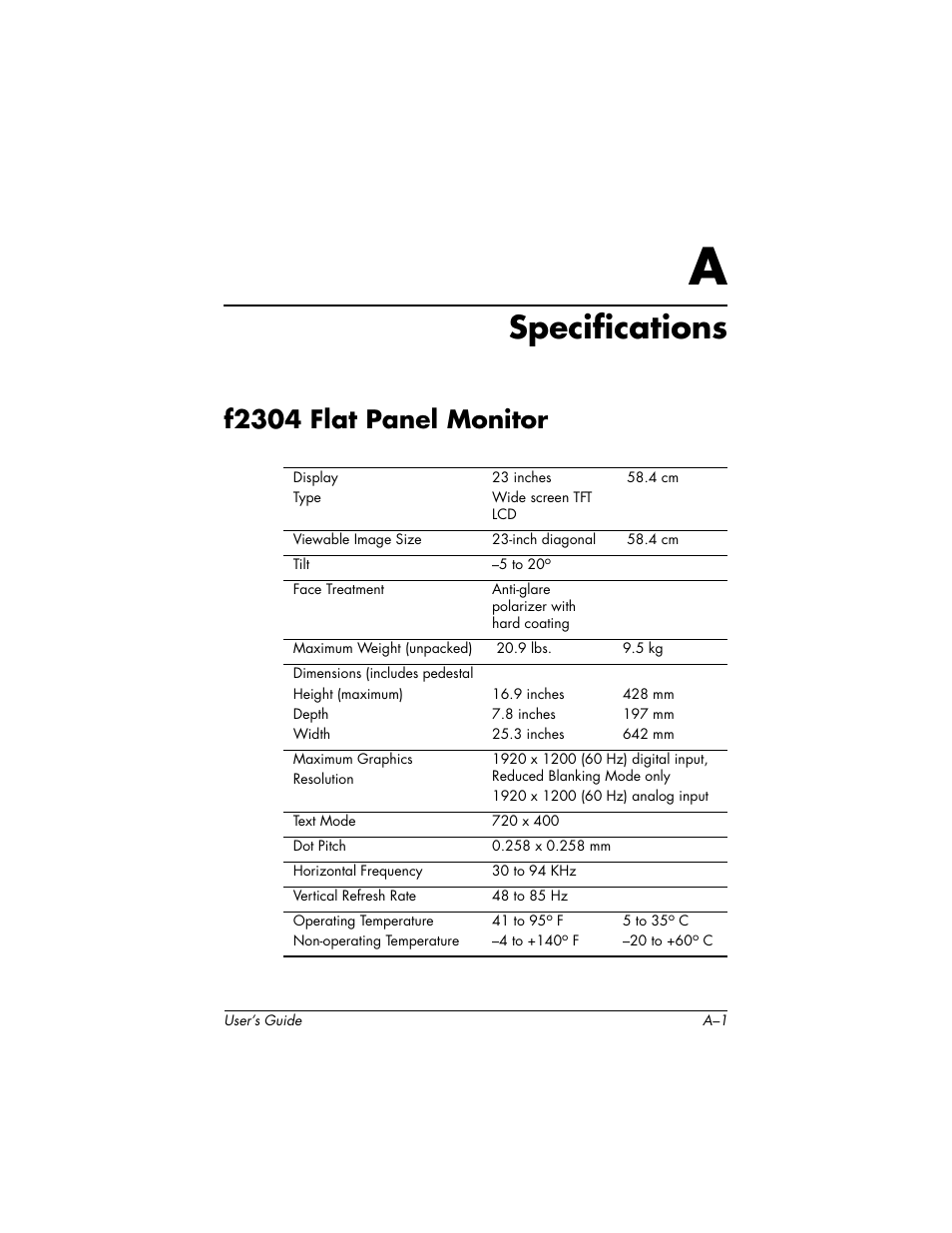 Specifications, F2304 flat panel monitor, A specifications | HP f2304 23-inch High Def LCD Monitor User Manual | Page 39 / 56