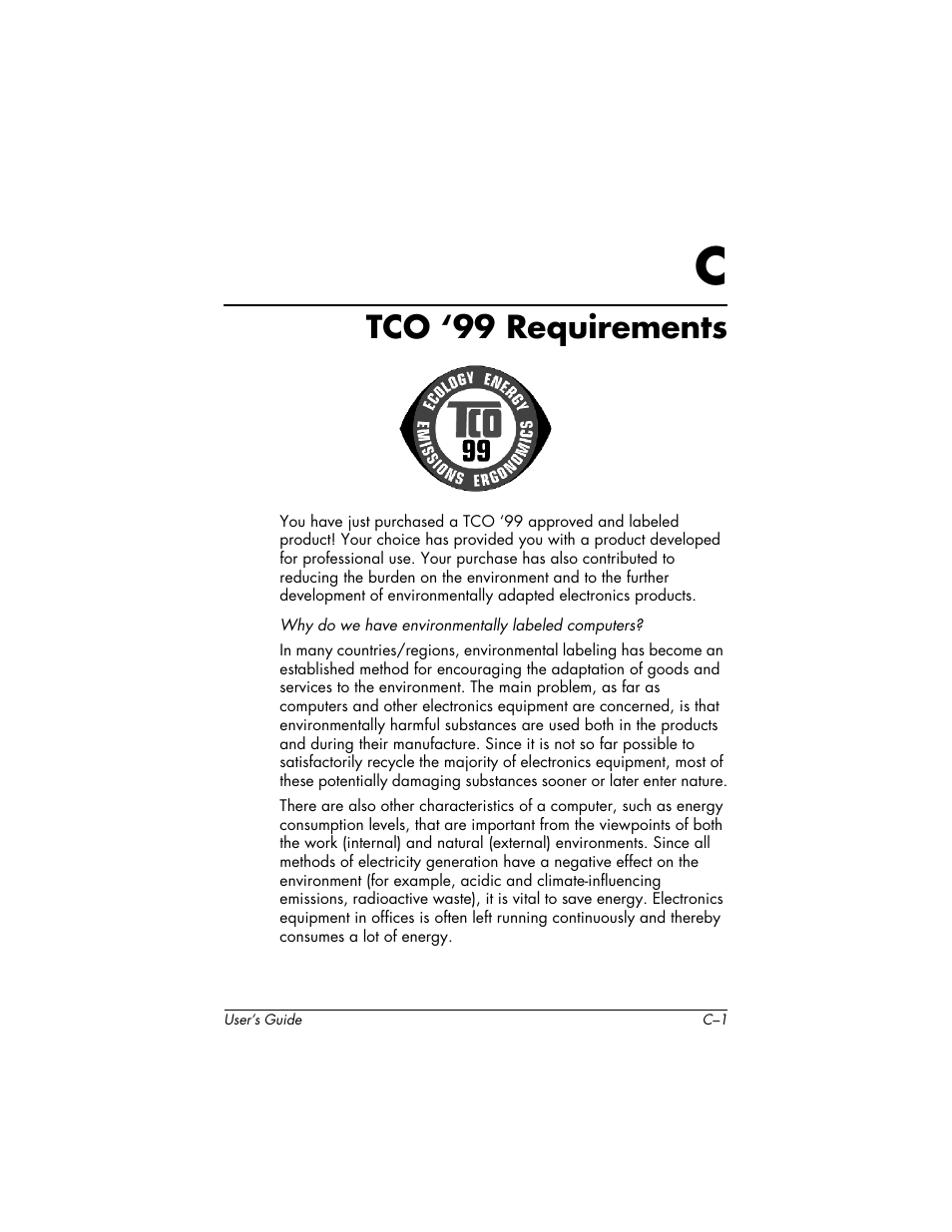 Tco ‘99 requirements, C tco ‘99 requirements | HP f2304 23-inch High Def LCD Monitor User Manual | Page 53 / 56