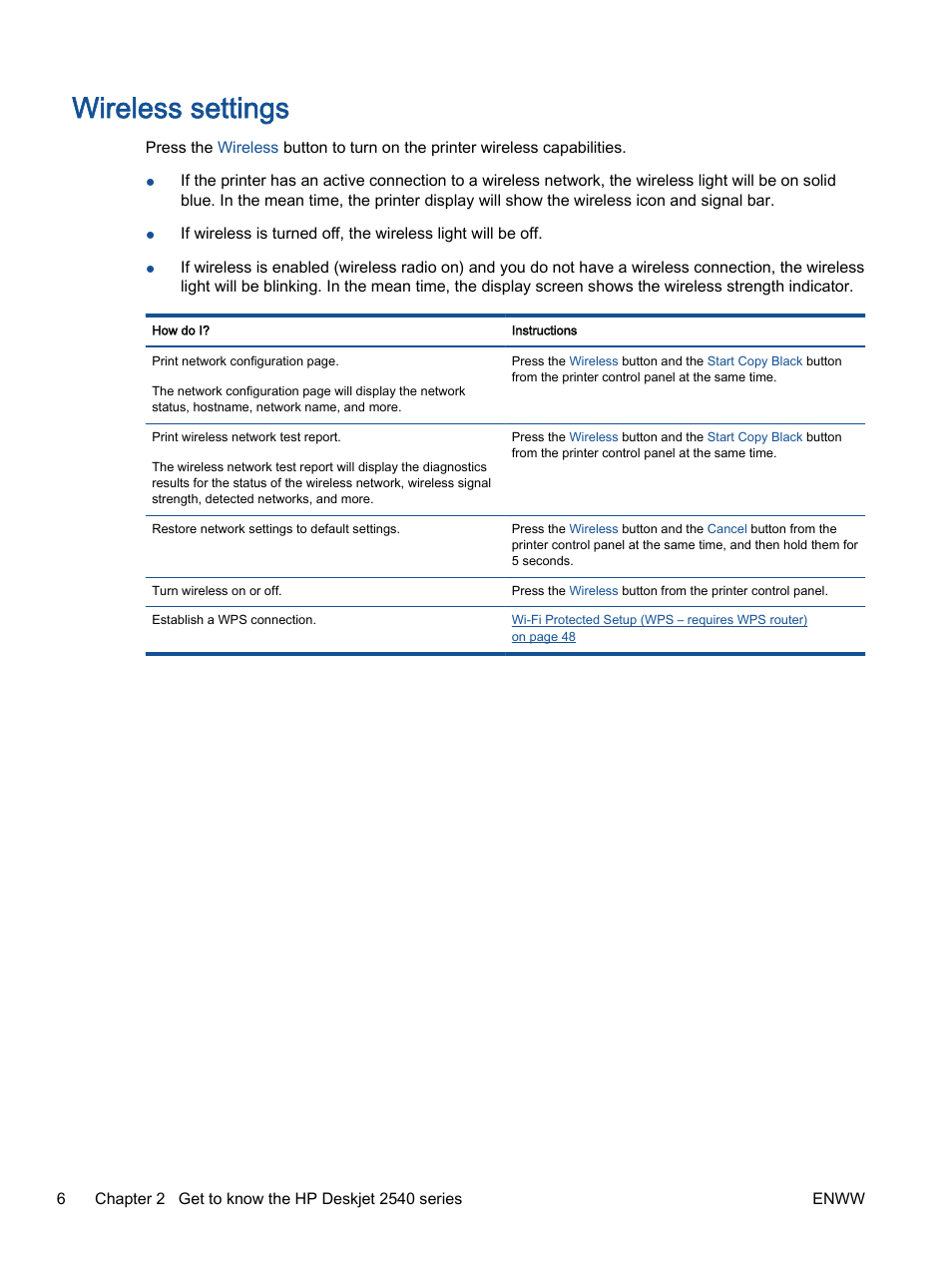 Wireless settings | HP Deskjet 2540 All-in-One Printer User Manual | Page 10 / 102