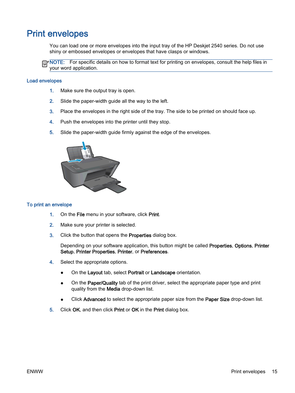 Print envelopes | HP Deskjet 2540 All-in-One Printer User Manual | Page 19 / 102