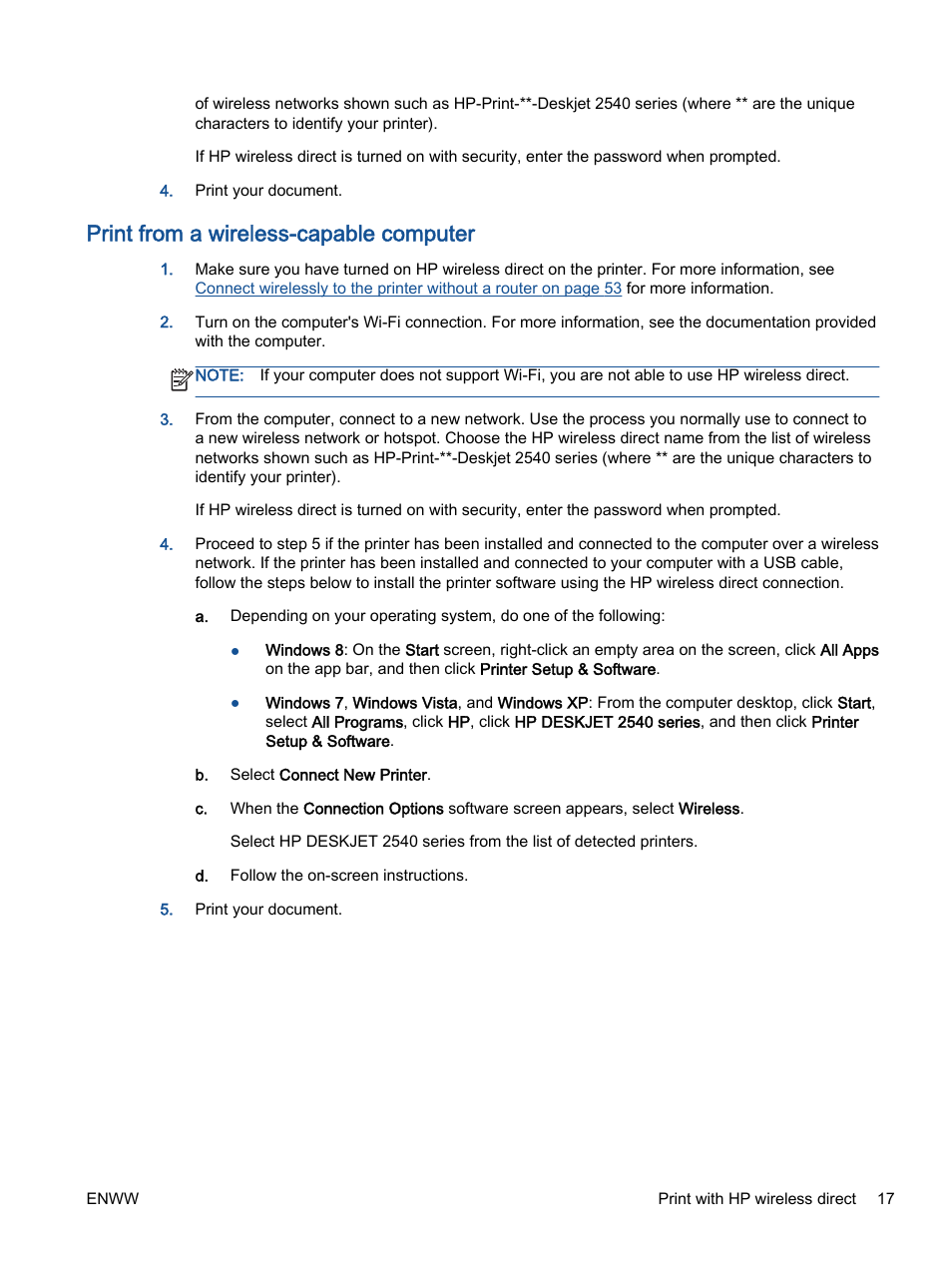 Print from a wireless-capable computer | HP Deskjet 2540 All-in-One Printer User Manual | Page 21 / 102