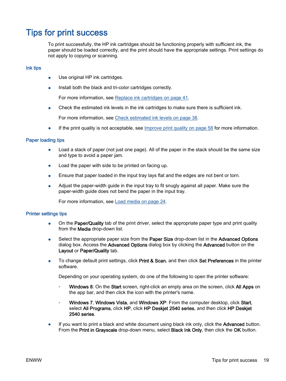 Tips for print success | HP Deskjet 2540 All-in-One Printer User Manual | Page 23 / 102